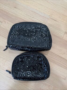 DKNY Black Patent Embossed Logo Cosmetic Bag Set